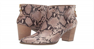 Anne Klein Women's Snakeskin Shock Absorbent Tasseled Cushioned Niccie Almond Toe Block Heel Zip up Booties Beige Size 9 M