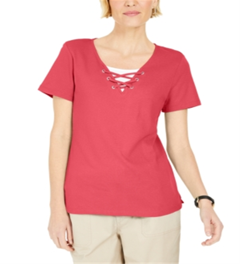 Karen Scott Women's Lace-Up Layered-Look Top Peony Coral Size XL