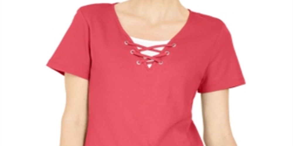 Karen Scott Women's Lace-Up Layered-Look Top Peony Coral Size XL
