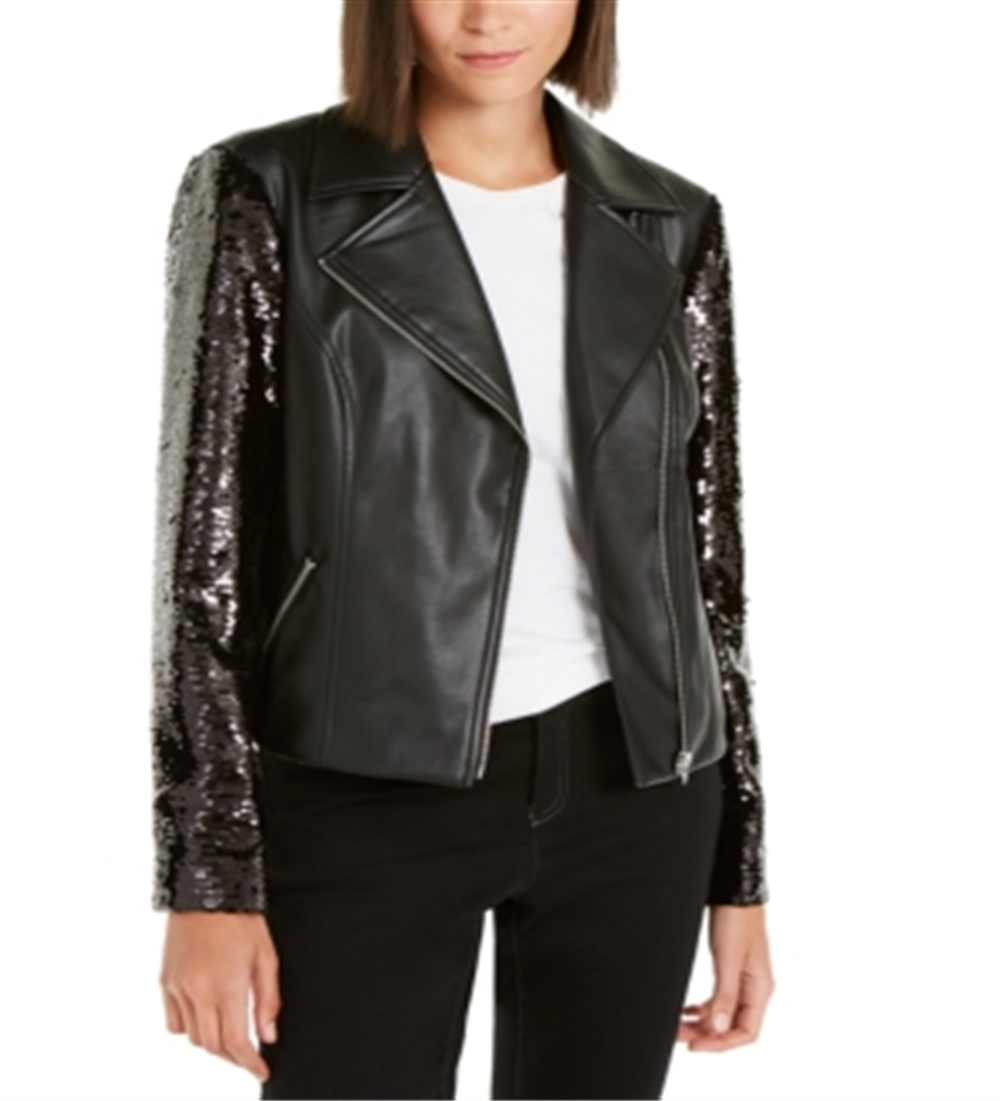 INC Women's Sequined Faux-Leather Moto Jacket Deep Black Size Small