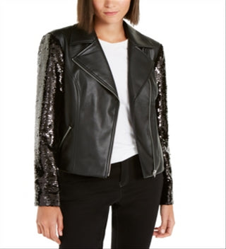 INC Women's Sequined Faux-Leather Moto Jacket Deep Black Size Small