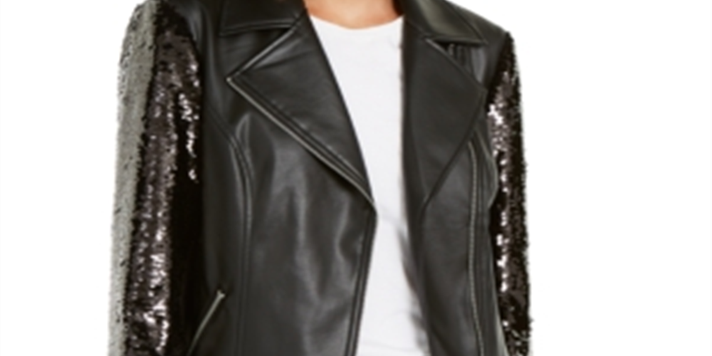 INC Women's Sequined Faux-Leather Moto Jacket Deep Black Size Small
