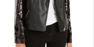INC Women's Sequined Faux-Leather Moto Jacket Deep Black Size Small