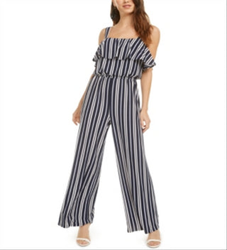 Bar III Women's Ruffle Trim Striped Jumpsuit Blue Size S