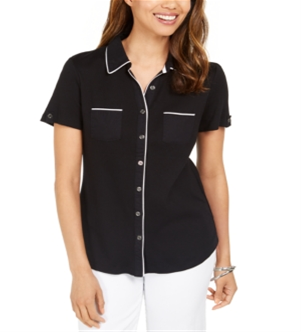 Karen Scott Women's Piping Button Top  Black Size Medium