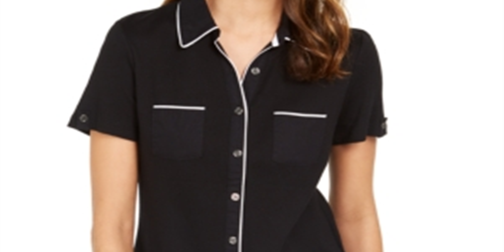 Karen Scott Women's Piping Button Top  Black Size Medium