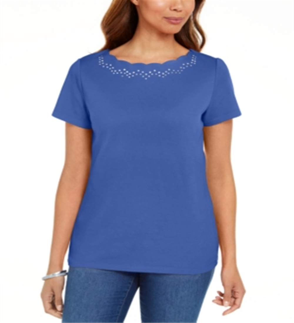 Karen Scott Women's Cotton Scalloped Neck T-Shirt Blue Size Small