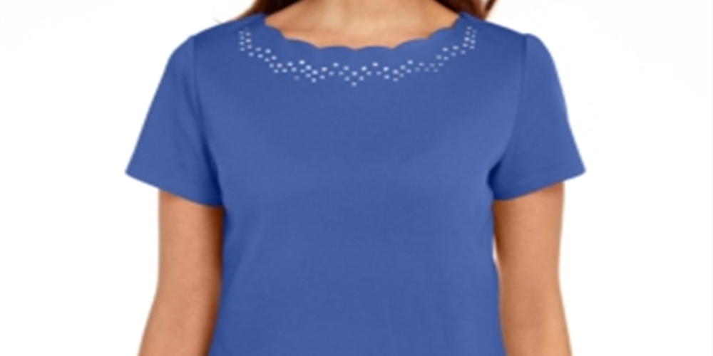 Karen Scott Women's Cotton Scalloped Neck T-Shirt Blue Size Small