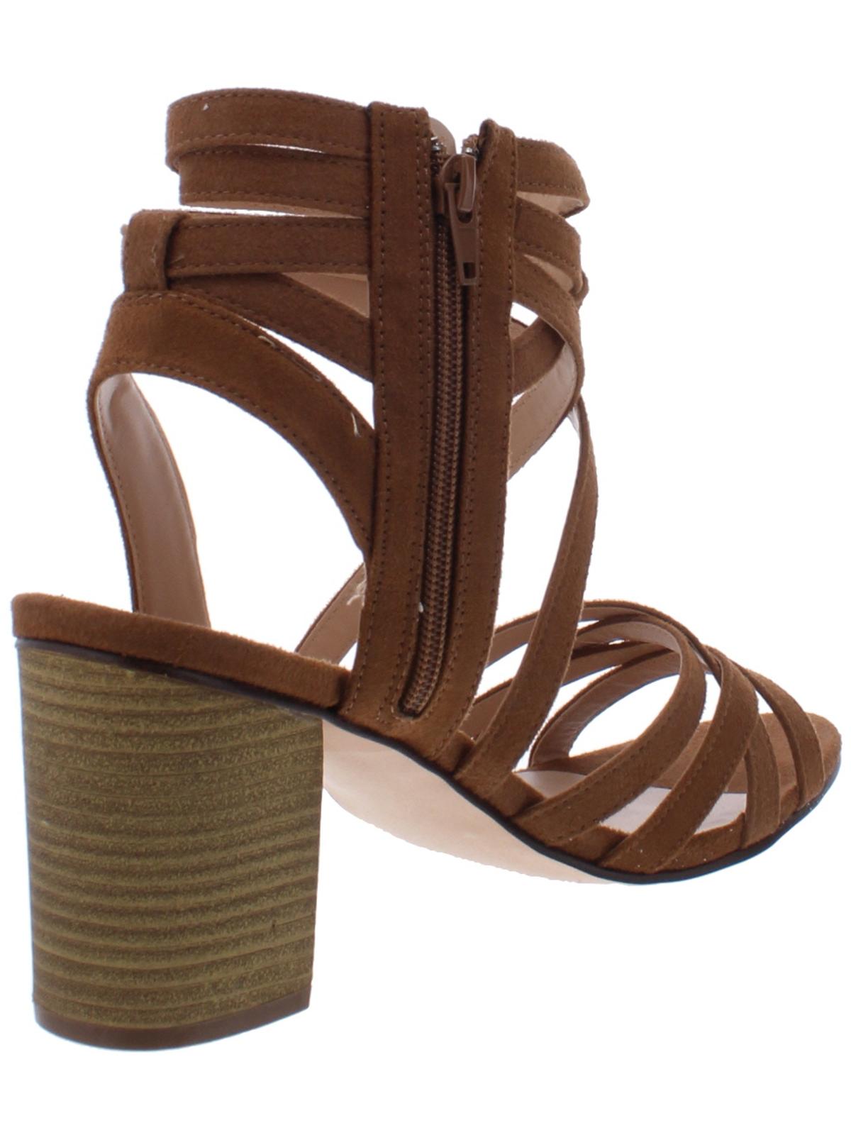 Xoxo Women's  Padded Strappy Eden Round Toe Block Heel Zip-up Dress Sandals  Brown Size 8.5
