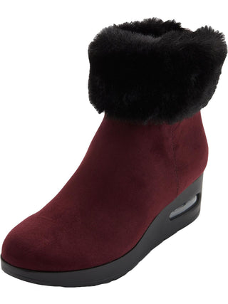 DKNY Women's Faux Fur Cuff Embellished Round Toe Wedge Zip up Booties Red Size 7.5