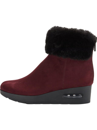 DKNY Women's Faux Fur Cuff Embellished Round Toe Wedge Zip up Booties Red Size 7.5
