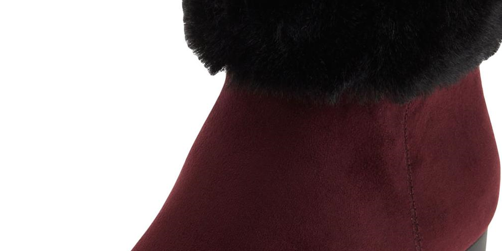 DKNY Women's Faux Fur Cuff Embellished Round Toe Wedge Zip up Booties Red Size 7.5