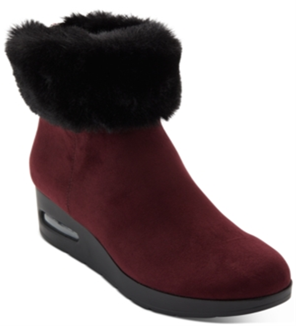 DKNY Women's Faux Fur Cuff Embellished Round Toe Wedge Zip up Booties Red Size 7.5
