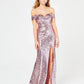 B Darlin Women's Sequined Slitted Short Sleeve Off Shoulder Full-Length Formal Sheath Dress Juniors Pink Size 15/16