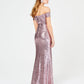 B Darlin Women's Sequined Slitted Short Sleeve Off Shoulder Full-Length Formal Sheath Dress Juniors Pink Size 15/16
