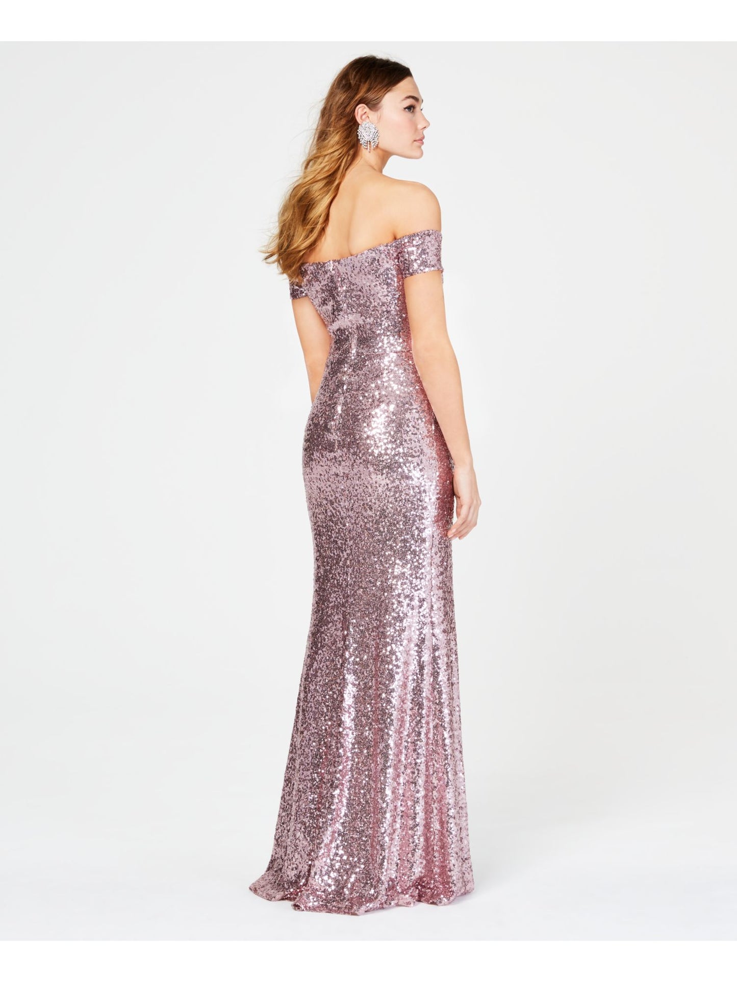 B Darlin Women's Sequined Slitted Short Sleeve Off Shoulder Full-Length Formal Sheath Dress Juniors Pink Size 15/16