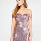B Darlin Women's Sequined Slitted Short Sleeve Off Shoulder Full-Length Formal Sheath Dress Juniors Pink Size 15/16