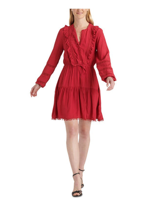 Lucky Brand Women's Parker Mini Dress Picot Trim Ruffled Red Size Medium