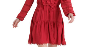 Lucky Brand Women's Parker Mini Dress Picot Trim Ruffled Red Size Medium