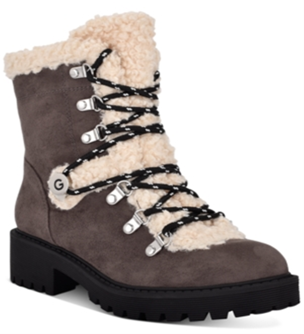 GBG Women's Faux Fur Trim D Ring Sherry Round Toe Lace up Combat Boots Gray Size 7 M
