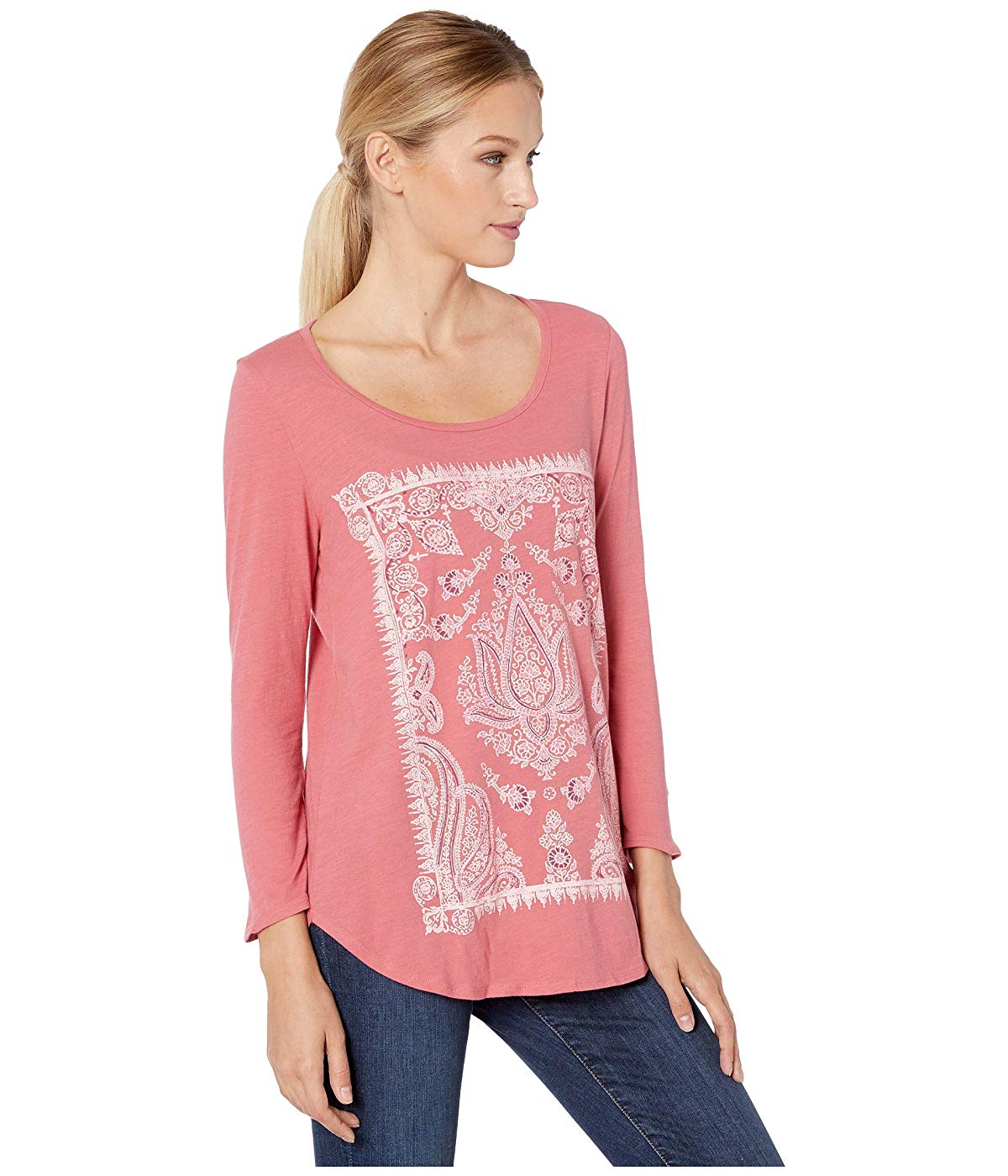 Lucky Brand Women's Petites T-Shirt Lotus Scoop Neck Slate Rose Pink Size Large