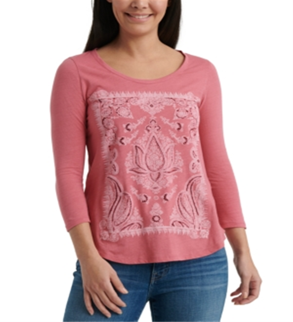 Lucky Brand Women's Petites T-Shirt Lotus Scoop Neck Slate Rose Pink Size Large
