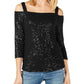 INC Women's Sequined 3/4 Sleeve Square Neck Top Black Size XS
