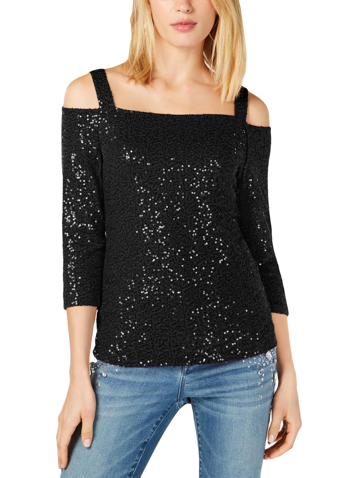 INC Women's Sequined 3/4 Sleeve Square Neck Top Black Size XS