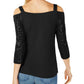 INC Women's Sequined 3/4 Sleeve Square Neck Top Black Size XS