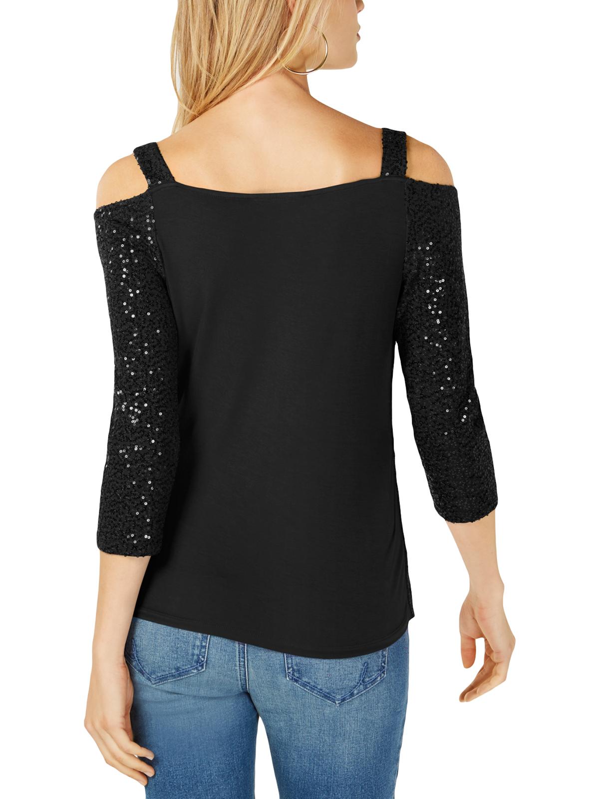 INC Women's Sequined 3/4 Sleeve Square Neck Top Black Size XS