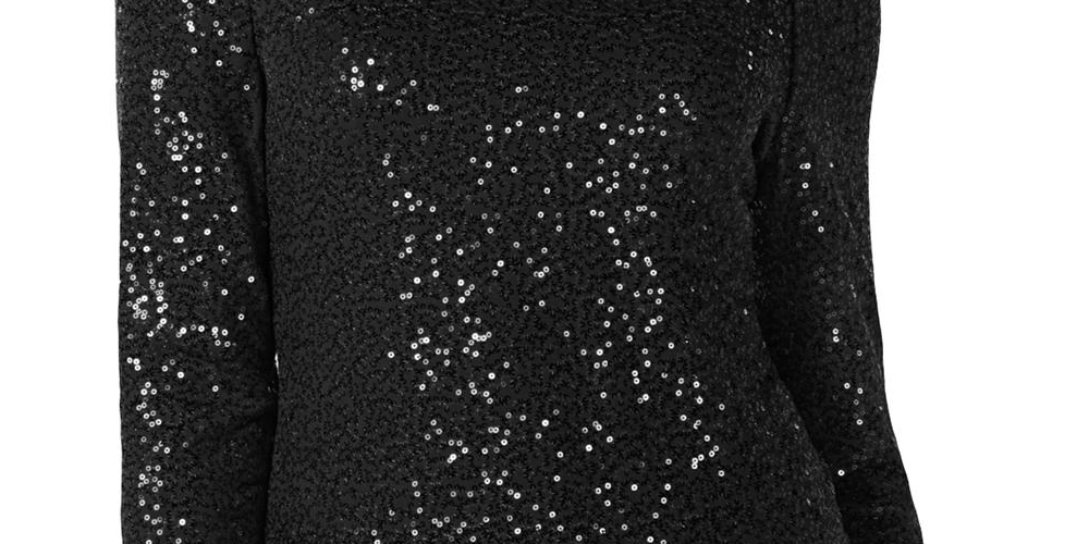 INC Women's Sequined 3/4 Sleeve Square Neck Top Black Size XS