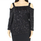 INC Women's Sequined 3/4 Sleeve Square Neck Top Black Size XS
