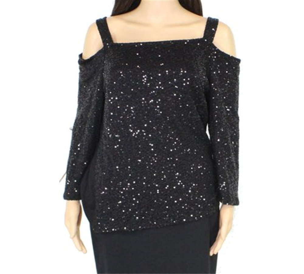 INC Women's Sequined 3/4 Sleeve Square Neck Top Black Size XS