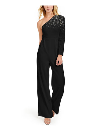 Calvin Klein Women's  Rhinestone Zippered Long Sleeve Asymmetrical Neckline Party Jumpsuit Black Size 8