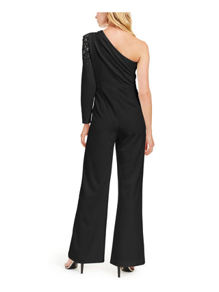 Calvin Klein Women's  Rhinestone Zippered Long Sleeve Asymmetrical Neckline Party Jumpsuit Black Size 8
