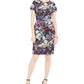 Adrianna Papell Women's Zippered Floral Short Sleeve Jewel Neck Above the Knee Sheath Party Dress Black Size 2