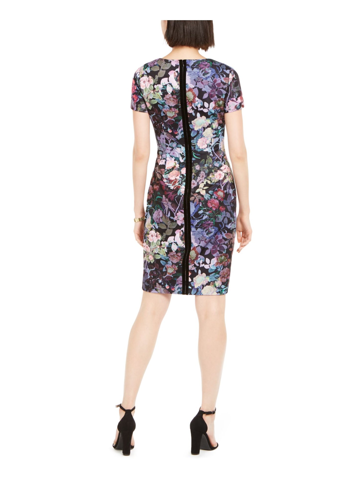 Adrianna Papell Women's Zippered Floral Short Sleeve Jewel Neck Above the Knee Sheath Party Dress Black Size 2