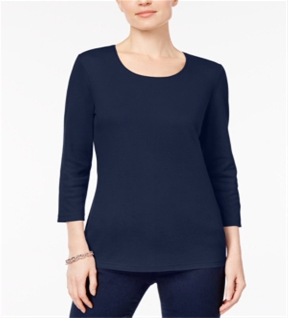 Karen Scott Women's Cotton Scoop Neck 3/4 Sleeve Top Blue Size Petite S