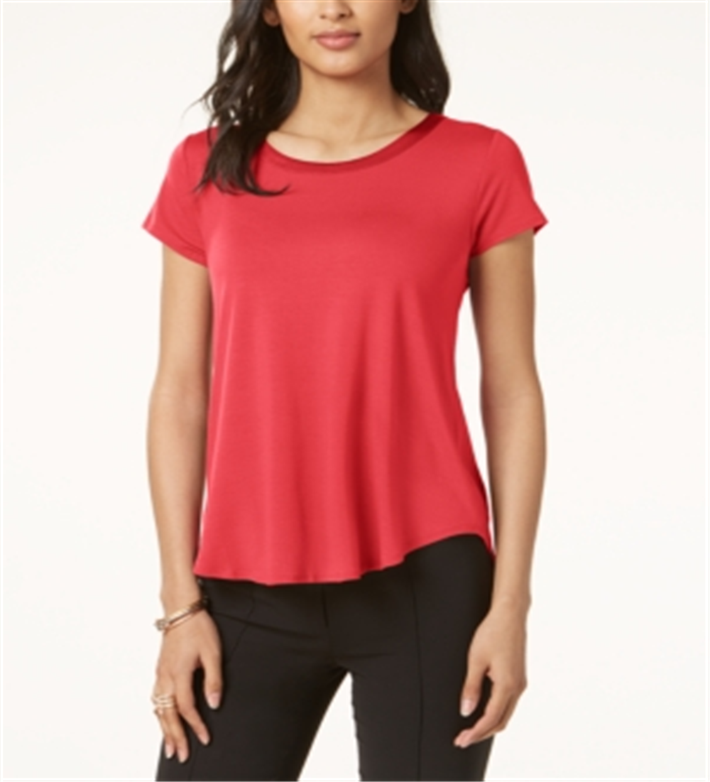 Alfani Women's Silk Solid Short Sleeve Jewel Neck Hi Lo Top Red Size Small