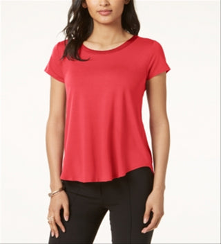 Alfani Women's Silk Solid Short Sleeve Jewel Neck Hi Lo Top Red Size Small