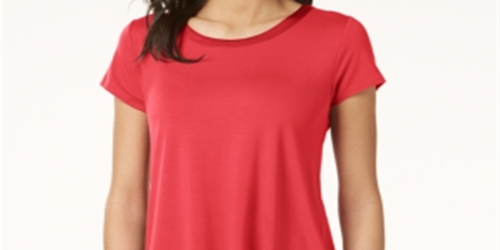 Alfani Women's Silk Solid Short Sleeve Jewel Neck Hi Lo Top Red Size Small