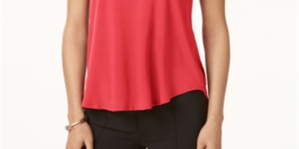 Alfani Women's Silk Solid Short Sleeve Jewel Neck Hi Lo Top Red Size Small