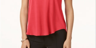 Alfani Women's Silk Solid Short Sleeve Jewel Neck Hi Lo Top Red Size Small