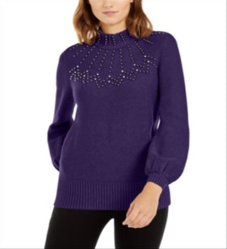 Alfani Women's Mock Neck Embellished Sweater Purple Size Petite Small