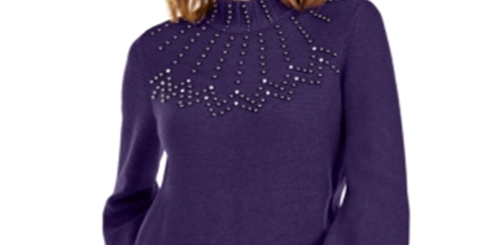 Alfani Women's Mock Neck Embellished Sweater Purple Size Petite Small