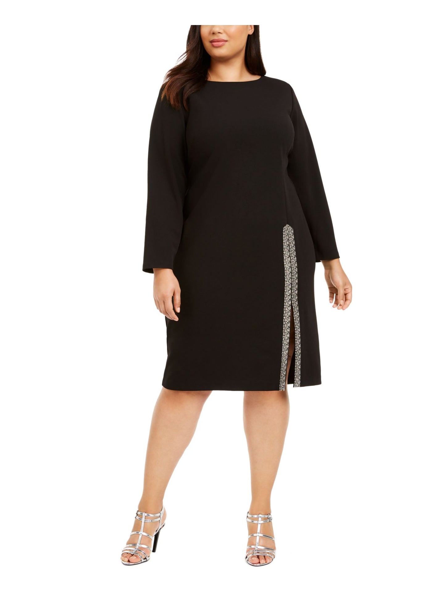 Calvin Klein Women's Embellished Slitted Long Sleeve Jewel Neck Below the Knee Wear to Work Sheath Dress Black Size 16W