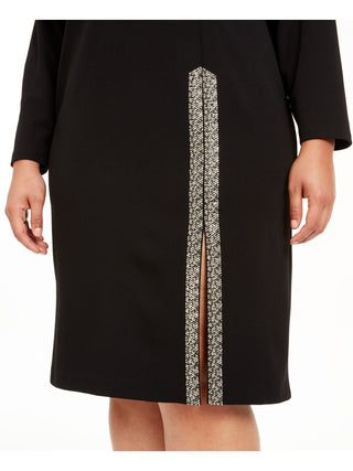 Calvin Klein Women's Embellished Slitted Long Sleeve Jewel Neck Below the Knee Wear to Work Sheath Dress Black Size 16W