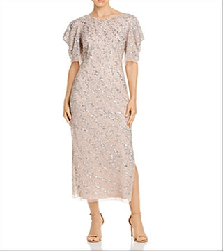 Adrianna Papell Womens Beaded Sheath MIDI Dress Brown Size 12