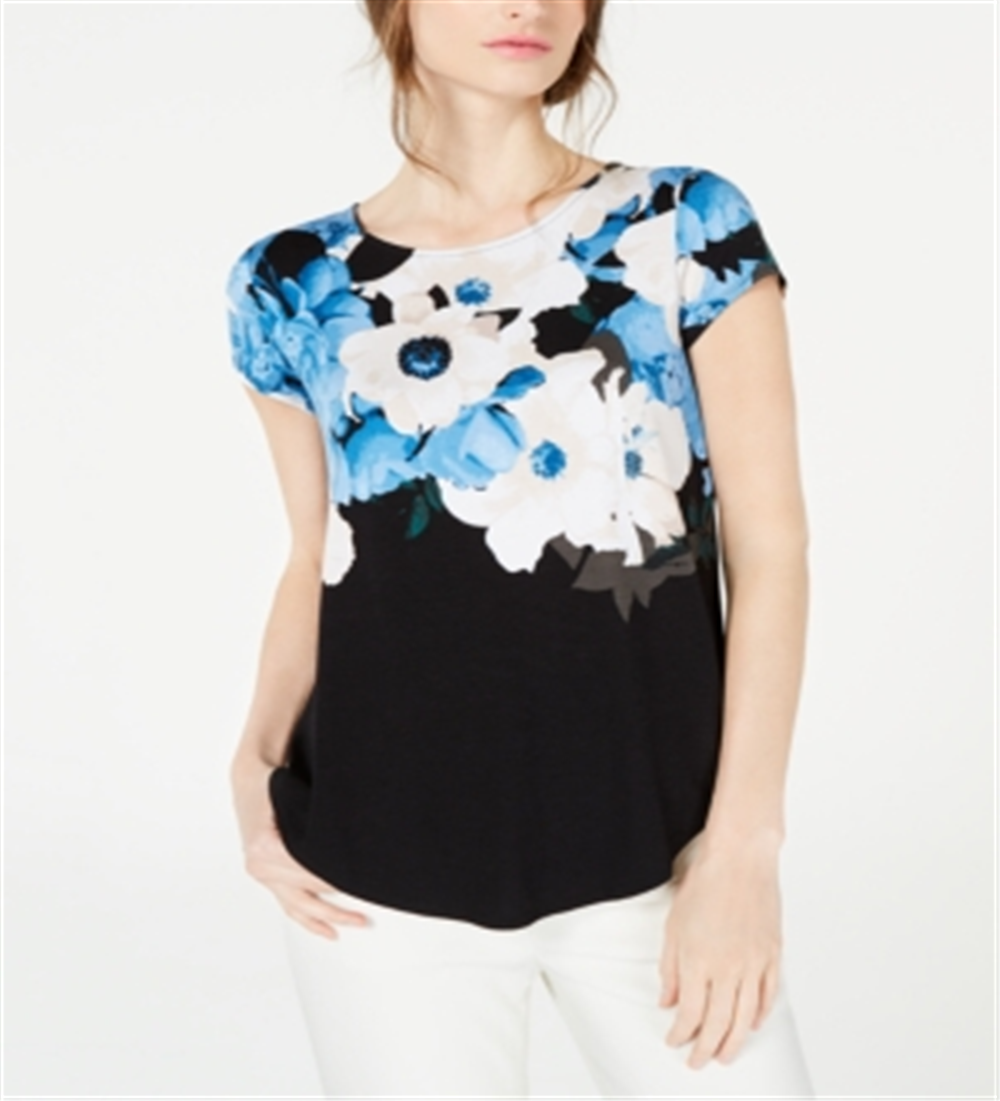 Alfani Women's Wave Print Top Wreath Blue Size Petite