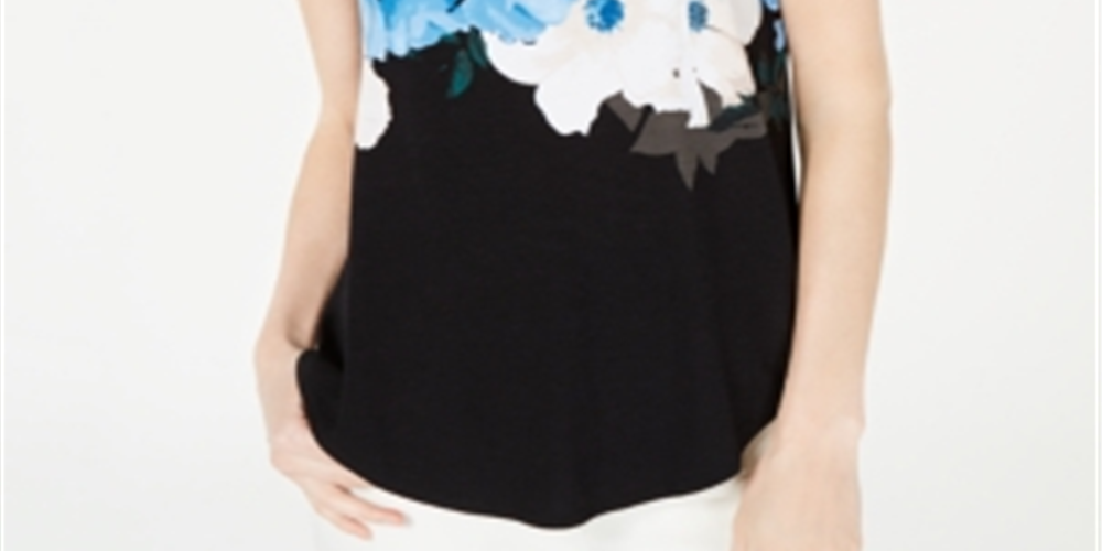 Alfani Women's Wave Print Top Wreath Blue Size Petite